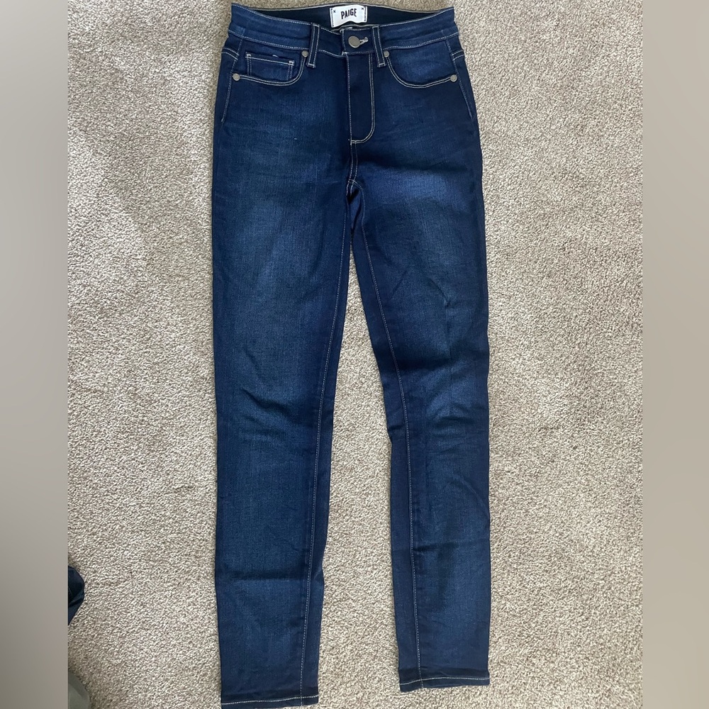 Dark wash Paige hoxton ankle skinny jeans white stitching size 25